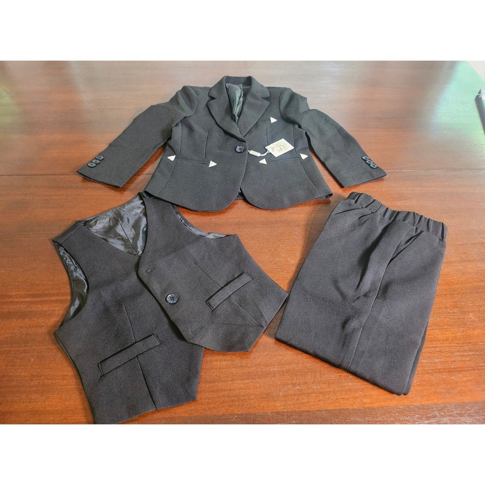 3 Piece Suit Boys Black Blazer Vest Pants Formal Wedding Set Size 4-5 years old